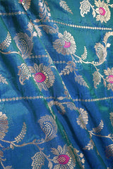 Blue Banarasi fabric with golden zari floral embroidery woven work