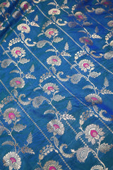 Teal Blue Banarasi Silk Fabric with Floral Leheriya Jaal Work