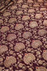 Wine Banarasi Silk Fabric with Meenakari & Leheriya Jaal