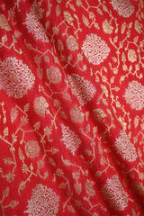 Red Banarasi silk fabric with gold and silver floral pattern