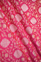 Pink Banarasi Silk fabric with gold and silver zari floral patterns
