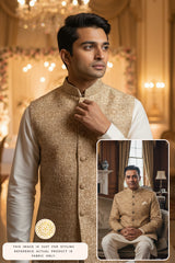 A man wearing a brocade silk Nehru Jacket and shirt with a gold vest in an elegant room.