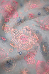 Powder Blue Organza Silk Fabric with Floral Resham Embroidery