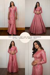 A female model posing in different outfits referring to a pink silk fabric