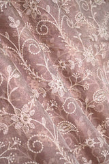 Mauve Tissue Silk Fabric with Chikankari Floral Embroidery