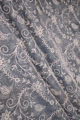 Grey Tissue Silk Fabric with Chikankari Floral Embroidery