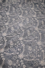Grey Tissue Silk Fabric with Chikankari Floral Embroidery