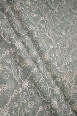 Sage Green Tissue Silk Fabric with Chikankari Floral Embroidery