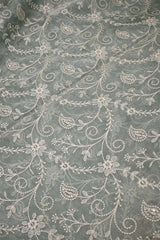Sage Green Tissue Silk Fabric with Chikankari Floral Embroidery