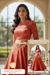 Woman wearing a red traditional lehenga and blouse made of red Banarasi Silk fabric, standing in a well-lit room.