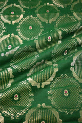 Green Banarasi Silk Fabric with Meenakari Floral Detailing