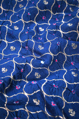 Blue Chiniya Silk Fabric with Jaal and Bandhani Print
