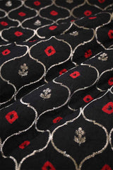 Black Chiniya Banarasi Silk Fabric with Jaal and Bandhani Print