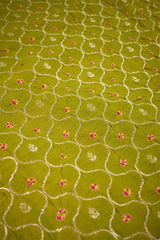 Henna Green Chiniya Silk Fabric with Jaal and Bandhani Print