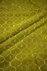Henna Green Chiniya Silk Fabric with Jaal and Bandhani Print