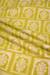 Lime Green Banarasi Silk Fabric with Floral Ornament Pattern