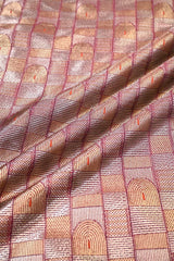 Wine Banarasi Silk Fabric with Gold & Silver Zari Geometric Motifs