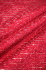Close-up of Dark Red Chanderi fabric with digital floral print, fine zari vertical stripe detailing