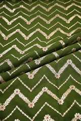 Olive Green Banarasi Silk Fabric with Zig-Zag Zari Stripes