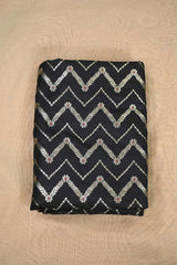 Black Banarasi Silk Fabric with Zig-Zag Zari Stripes