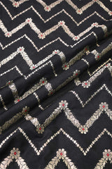 Black Banarasi Silk Fabric with Zig-Zag Zari Stripes