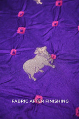 Purple Chiniya Silk Bandhani Fabric with Gold Zari Pichwai Motifs
