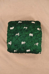 Bottle Green Chiniya Silk Bandhani Fabric with Gold Zari Pichwai Motifs