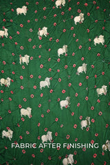 Bottle Green Chiniya Silk Bandhani Fabric with Gold Zari Pichwai Motifs