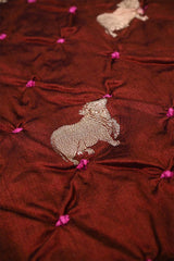 Cocoa Brown Chiniya Silk Bandhani Fabric with Gold Zari Pichwai Motifs