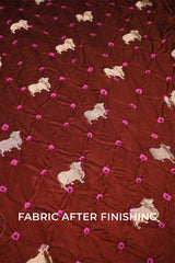 Cocoa Brown Chiniya Silk Bandhani Fabric with Gold Zari Pichwai Motifs
