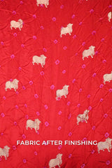 Red Chiniya Silk Bandhani Fabric with Gold Zari Pichwai Motifs
