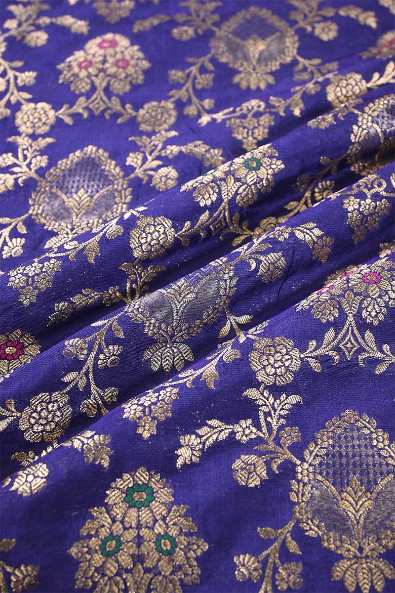Ink Blue Banarasi silk Fabric | Chinaya Banaras| Gold Zari & Meenakari