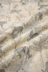 Close-up of off white fabric showcasing Shikargah fauna motif block prints