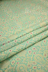 Turquoise Green Banarasi Silk Fabric with Gold Zari Floral