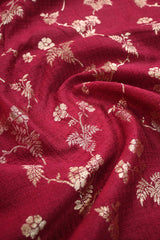 Wine Raw Silk Fabric with Gold Zari Floral Vine Jaal