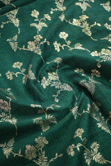 Bottle Green Raw Silk Fabric with Gold Zari Floral Vine Jaal