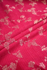 Crimson Pink Raw Silk Fabric with Gold Zari Floral Vine Jaal