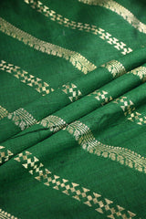 Bottle Green Banarasi Raw Silk Fabric with Gold Zari Slanting Stripes