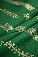 Bottle Green Banarasi Raw Silk Fabric with Gold Zari Slanting Stripes
