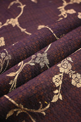Cocoa Brown Raw Silk Fabric with Gold Zari Floral Vine Jaal