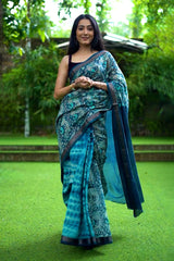 Serene blue saree, chanderi saree, chanderi silk saree, chanderi print