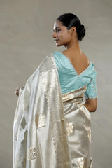 Silver Dupion Silk Saree with Floral Motifs