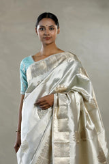 Silver Dupion Silk Saree with Floral Motifs