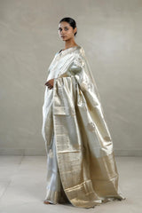 Silver Dupion Silk Saree with Floral Motifs