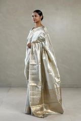 Silver Dupion Silk Saree with Floral Motifs