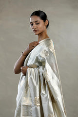 Silver Dupion Silk Saree with Floral Motifs