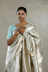 Silver Dupion Silk Saree with Floral Motifs