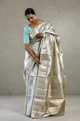 Silver Dupion Silk Saree with Floral Motifs
