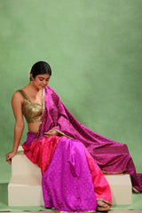 Purple & Pink Shaded Dupion Silk Saree with Gold Zari Floral Buti