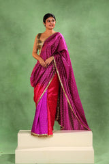 Purple & Pink Shaded Dupion Silk Saree with Gold Zari Floral Buti